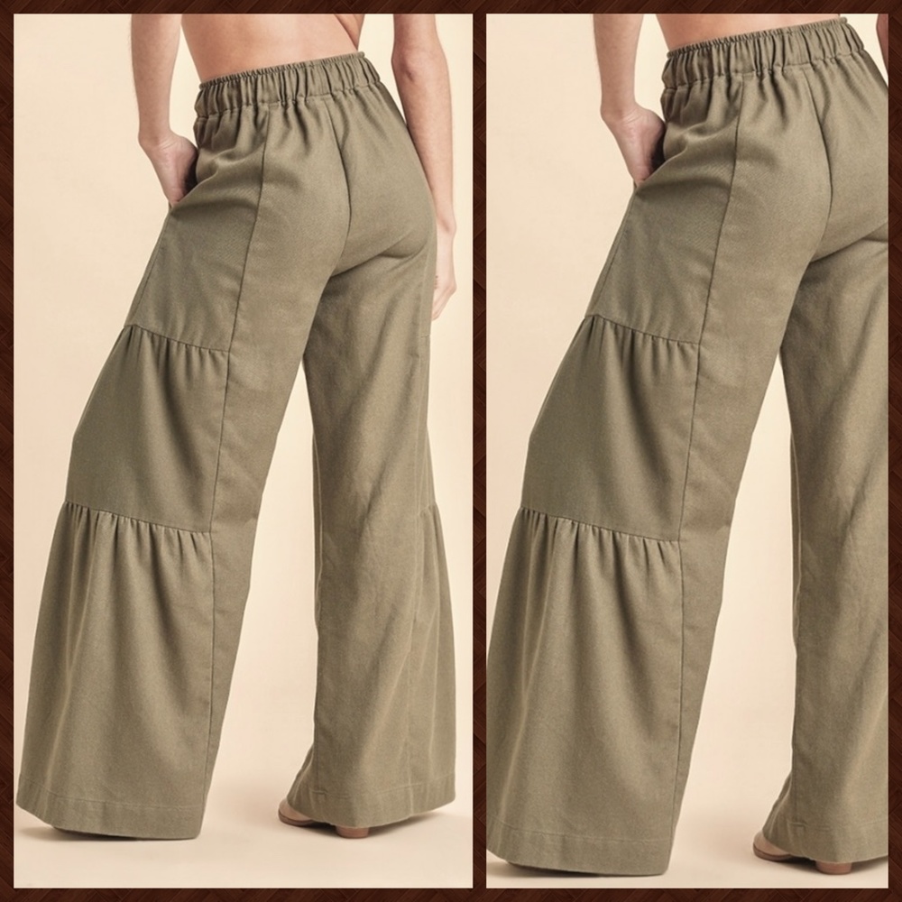 UMGEE Side Tiered Wide Flared Leg Pants Elasticized Waist, Drawstring & Pockets - Picture 2 of 16